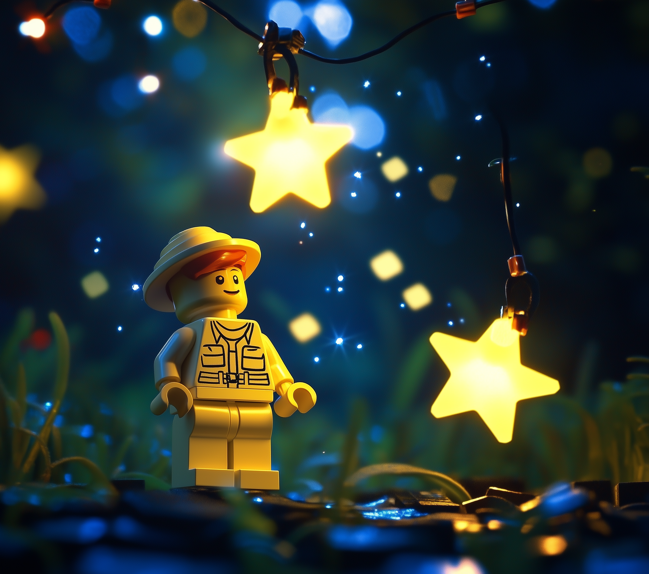 Lego boy gazing at a star in the night sky